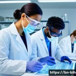 생물학자 연구자의 리더십 역할 - A diverse team of biologist researchers collaborating in a modern laboratory setting, sharing ideas ...