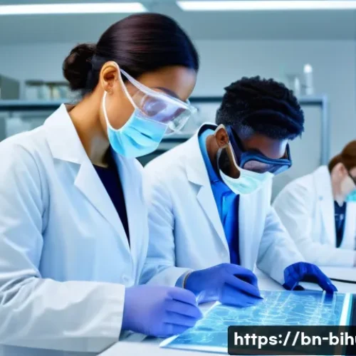 생물학자 연구자의 리더십 역할 - A diverse team of biologist researchers collaborating in a modern laboratory setting, sharing ideas ...