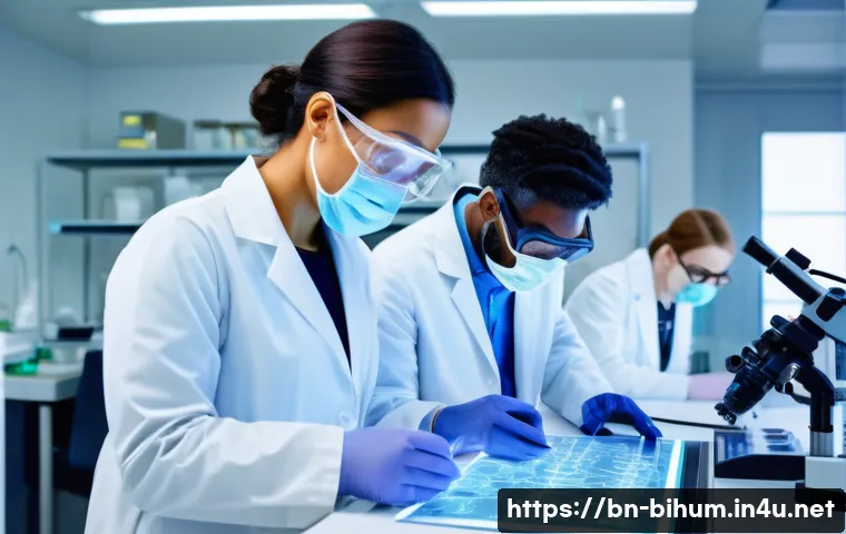 생물학자 연구자의 리더십 역할 - A diverse team of biologist researchers collaborating in a modern laboratory setting, sharing ideas ...