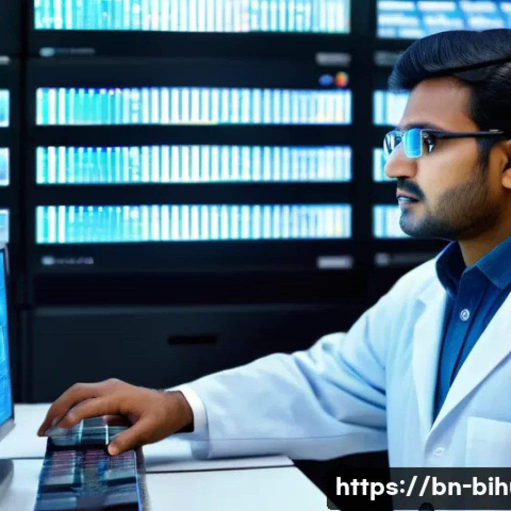 생물학자 생명과학 기업과 연구소 - A highly detailed laboratory scene showing a Bengali geneticist analyzing DNA sequences on multiple ...