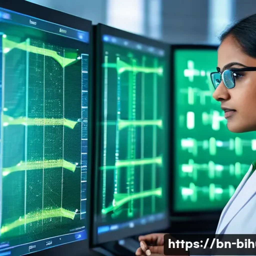 생물학자 연구기술 업데이트 - A high-resolution scientific laboratory scene showing a Bengali scientist in modern lab attire analy...