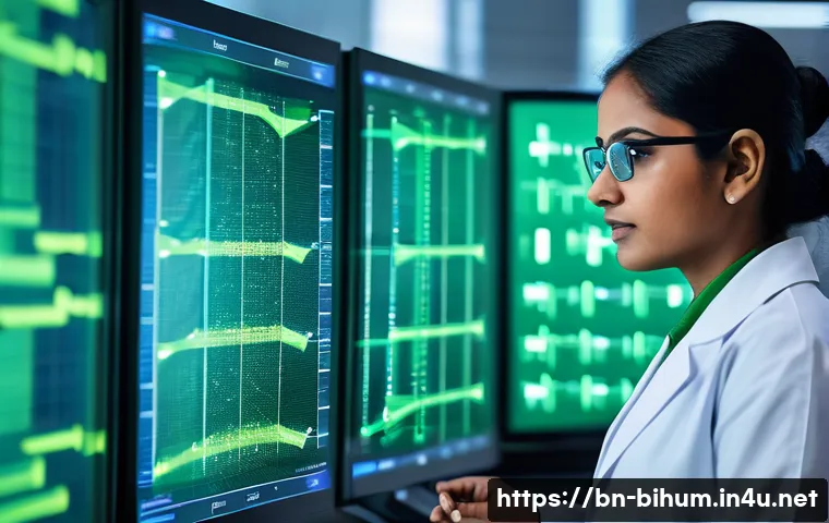 생물학자 연구기술 업데이트 - A high-resolution scientific laboratory scene showing a Bengali scientist in modern lab attire analy...