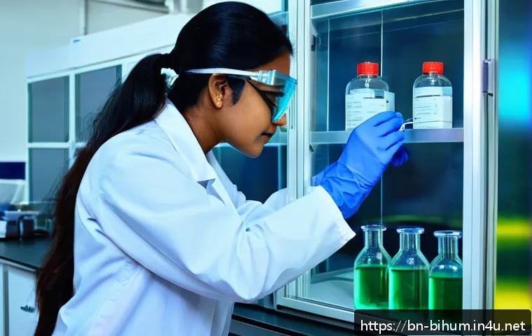 생물학자 연구실의 실험 안전 - A modern scientific laboratory scene featuring a Bengali female researcher wearing a white lab coat,...