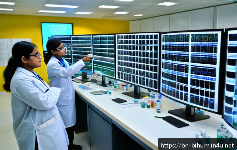 생물학자 연구 윤리 - A detailed scene of a modern biological research laboratory in Bangladesh, featuring diverse Bengali...