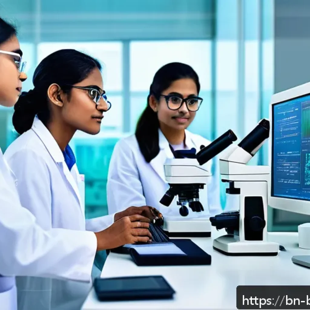 생물학자 이직 후 직장 문화 적응 - A modern biology laboratory scene showing a diverse group of young Bengali professionals wearing app...