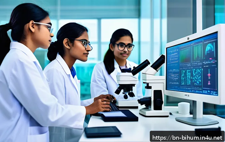 생물학자 이직 후 직장 문화 적응 - A modern biology laboratory scene showing a diverse group of young Bengali professionals wearing app...