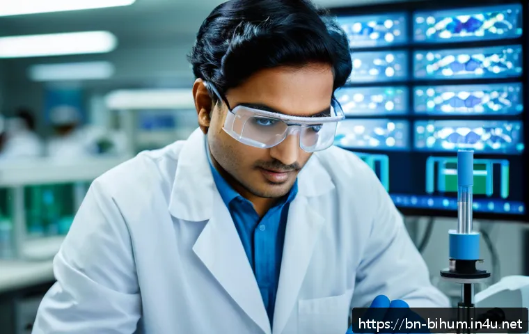 생물학자 취업 성공 전략 - A detailed and vibrant laboratory scene showing a Bengali biologist in their mid-20s wearing a lab c...