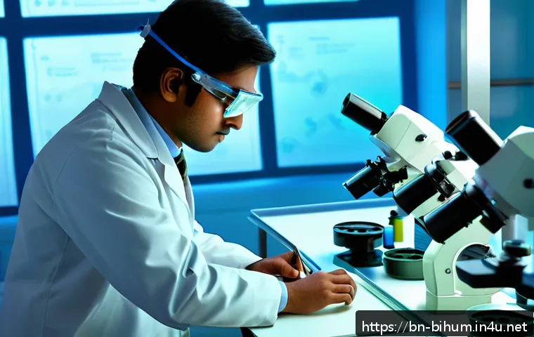 생물학자 자격 취득 방법 - A detailed laboratory scene showing a young Bengali male biologist wearing a white lab coat and safe...