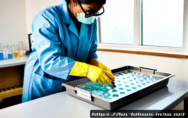 Home 17 생물학자 실험실 안전 규정 - Photorealistic biology laboratory safety scene, adult biologist wearing a buttoned lab coat, protect...