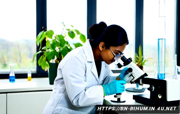 생물학자 생물학 관련 직업군 - Photorealistic biology researcher in a bright modern laboratory, wearing a white lab coat, safety gl...